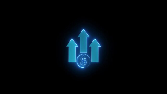 Business diagram up icon, Business growth success chart, Glowing neon line of dollar sign icon and up arrow isolated. Glowing neon line Financial growth and coin icon isolated on black background.