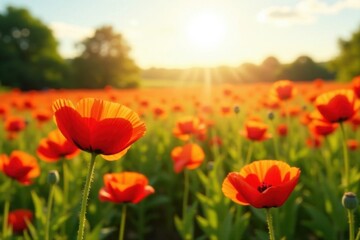 Sunlit poppy field, blossoms dancing in gentle breeze, calm, field, meadow