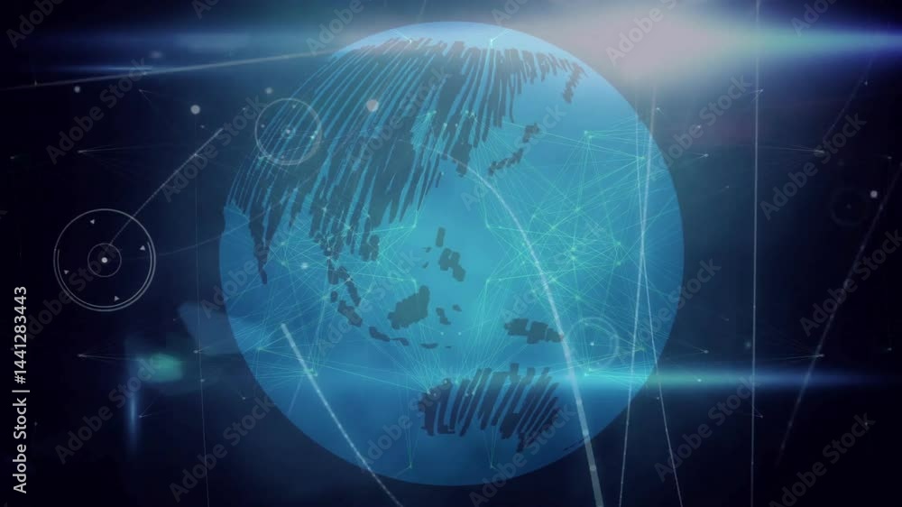 Poster digital globe being suspended in dark space, connecting network nodes and glowing hud graphics