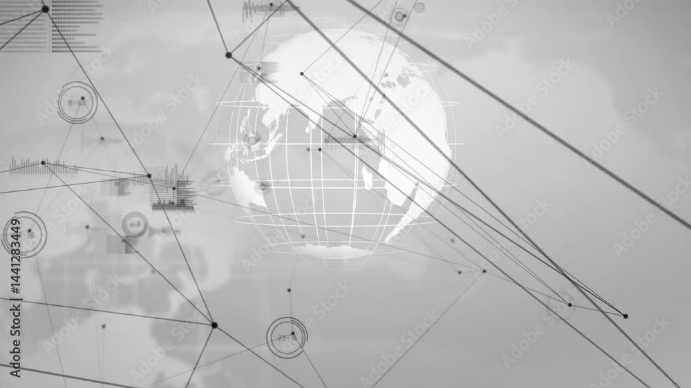 Poster 3d globe spinning in digital interface, showing grid overlays with data nodes and bar charts