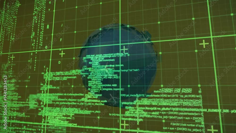 Poster semi-transparent 3d globe being visualized in cyber ui, with green grid and scrolling code streams