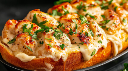 Creamy Garlic Shrimp Scampi Bake: A delectable dish of succulent shrimp baked in a creamy garlic scampi sauce, served on toasted bread.