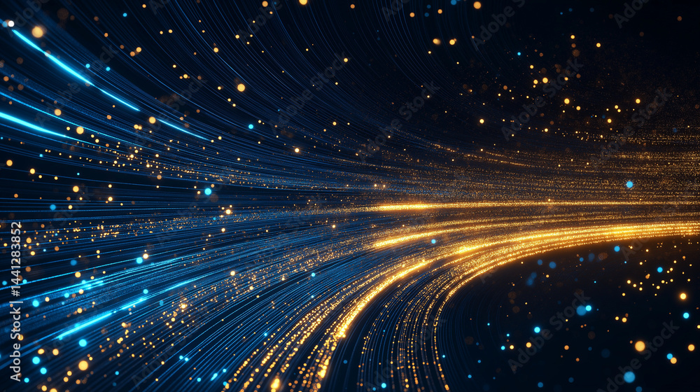 Poster digital flow: abstract digital artwork featuring a network of glowing blue and gold lines resembling