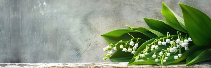 Obraz premium delicate white lily of the valley flowers with lush green leaves resting on rustic wooden surface against textured gray wall, evoking serenity and freshness