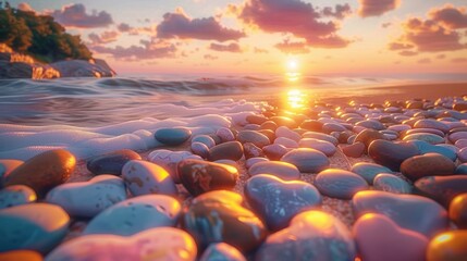 Smooth wet pebbles glistening on a beach shore during a colorful sunset with gentle waves and a vibrant sky filled with clouds, evoking calm and serene emotions