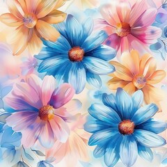 Fototapeta premium vibrant close-up of colorful flowers in shades of blue, pink, orange, and purple with soft lighting and a delicate, dreamy atmosphere