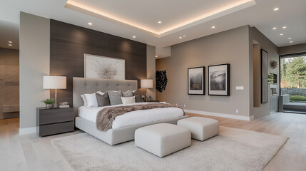 Fototapeta premium Luxury Bedroom Oasis: An elegant bedroom showcases modern design with sophisticated features, creating a serene and inviting atmosphere for relaxation and comfort.