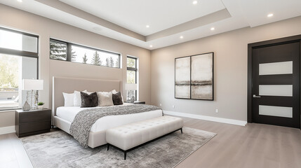 Elegant Master Bedroom: An inviting, light-filled master bedroom showcasing sophisticated design elements, neutral tones, and premium finishes. This modern sanctuary exudes comfort and tranquility.