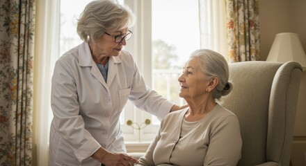 Obraz premium Caring nurse comforting elderly woman in homely setting 