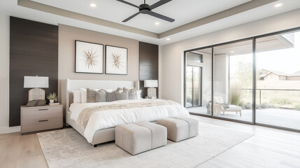 Fototapeta premium Luxury Bedroom Interior: A meticulously crafted master bedroom exudes luxury and comfort with its elegant design and attention to detail. Featuring a spacious layout, plush furnishings.