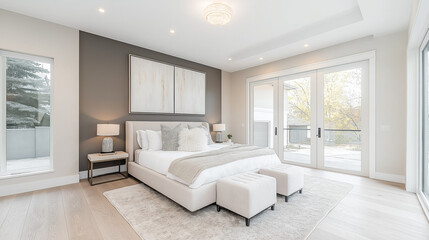 Modern Bedroom Retreat: This minimalist bedroom boasts a sleek and sophisticated design, featuring a plush king-size bed, plush bedding, a pair of matching nightstands.