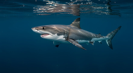 Fototapeta premium Great White Shark Swimming Gracefully Underwater with Visible Surface Reflection