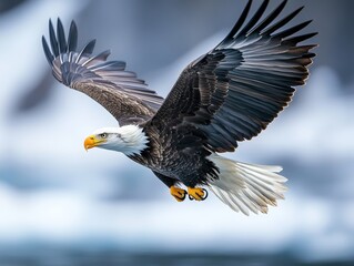 Obraz premium Bald Eagle Flying and Hunting Over Water - ai
