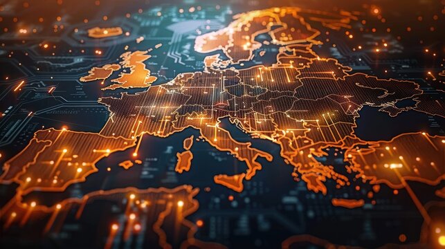 Digital illuminated map of Europe with glowing orange circuitry and network connections on a dark background, symbolizing technology and connectivity