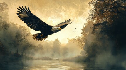 Obraz premium Bald Eagle Flying and Hunting Over Water - ai