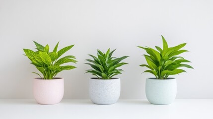 Fototapeta premium Three small green houseplants in pastel ceramic pots arranged on a white surface against a light background.