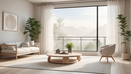 Cozy and inviting feng shui living room interior with minimalist style emphasizing natural elements and bright light for a peaceful ambiance