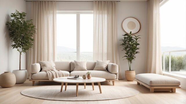 Cozy and inviting feng shui living room interior with minimalist style emphasizing natural elements and bright light for a peaceful ambiance
