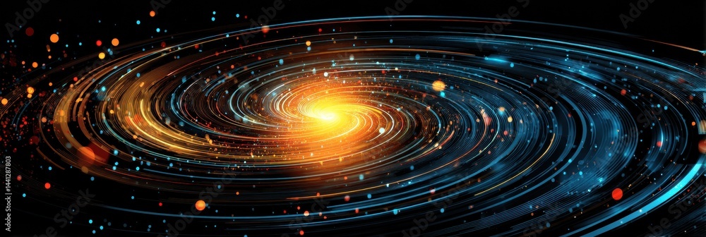 Poster glowing sphere at the center of a vibrant data spiral creates a mesmerizing visual effect in a cosmi