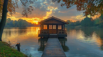 Obraz premium Sunset over calm lake with wooden house on floating dock.