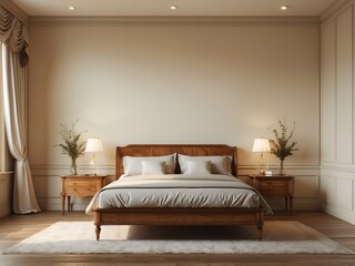 Elegant and cozy bedroom interior with a classic wooden bed, soft lighting, and neutral tones, ideal for home decor ads