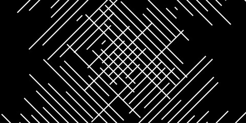 An abstract geometric pattern featuring random diagonal lines on a black background. The design is monochrome with a minimalistic outline style, creating a trendy, modern, and dynamic texture.
