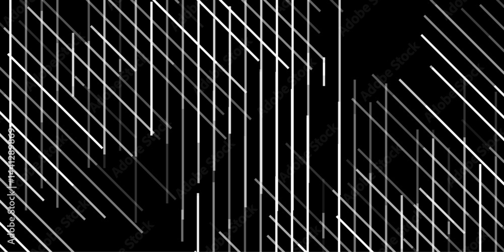 Poster an abstract geometric pattern featuring random diagonal lines on a black background. the design is m