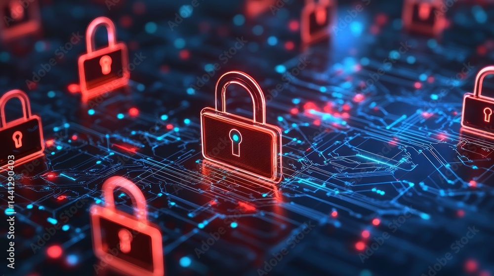 Poster cybersecurity digital fortress, network protection, data security with padlock on circuit board comp
