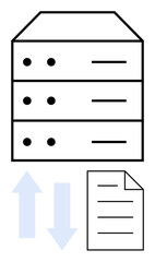 Data server stack with file transfer arrows and document symbolizing file sharing, storage, and management. Ideal for technology, cloud computing, data storage, networking, file sharing, system