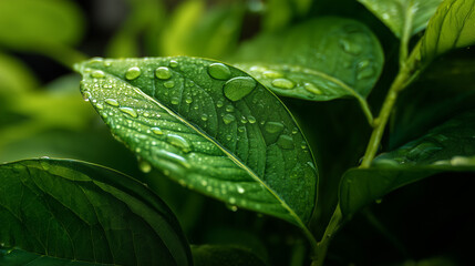 Close-up of fresh green leaves covered in water droplets after rain, highlighting the vibrant texture and natural beauty of the foliage.
