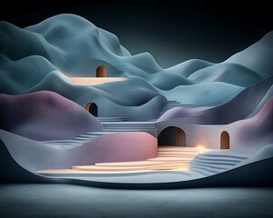 Abstract landscape with pastel color hills and platforms
