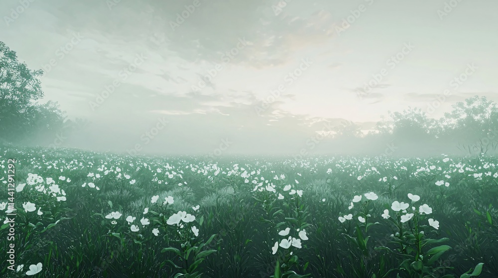 Poster an ethereal misty morning in a field of beautiful white flowers creating a tranquil scene with soft 