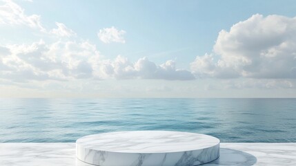 A stunning image of white marble podium displays product with sea view background. Platform for cosmetic show, presentation stage. Empty scene with sky ocean horizon. Minimalist.