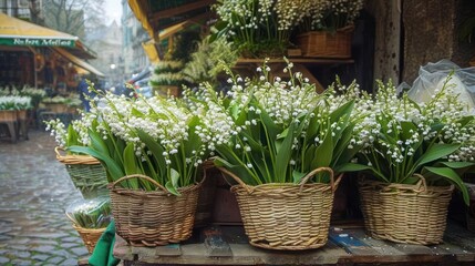 Fototapeta premium baskets filled with blooming lily of the valley flowers displayed on a rustic outdoor market stall on a cobblestone street with soft natural light creating a fresh and peaceful atmosphere