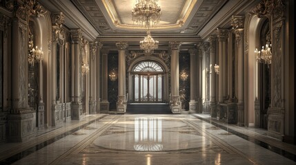 Fototapeta premium Grand Palace Interior: Opulent Hallway with Marble Floors and Crystal Chandeliers