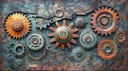 Intricate arrangement of rusted gears and cogs, showcasing vintage mechanical artistry