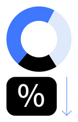 Circular pie chart, percentage sign in a black box, and blue arrow pointing downward. Ideal for statistics, data trends, economy, finance, analysis, growth insights flat simple metaphor