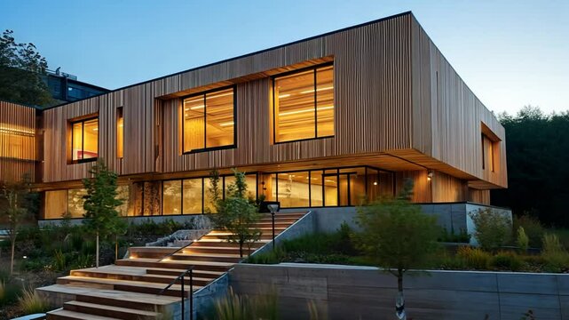 Elegant Wood-Clad Modern Building Exterior with Illuminated Windows at Dusk Scenery