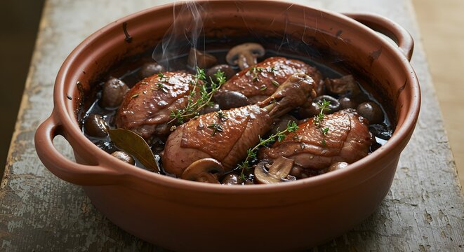 Close up of coq au vin in a rustic pot with mushrooms and thyme on a wooden surface steaming hot