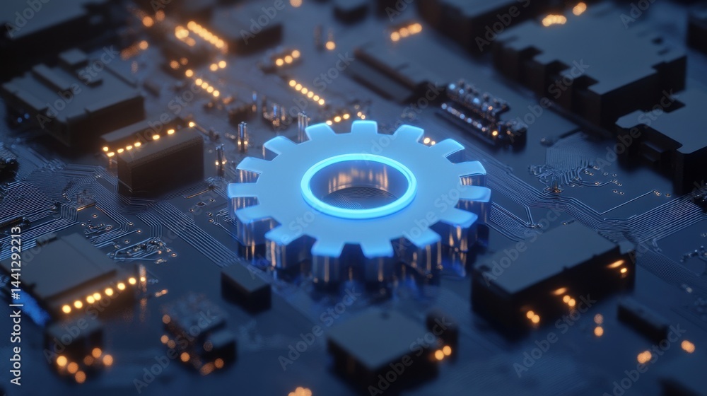 Poster a stunning image of futuristic 3d wireframe gear visualization on circuit board. advanced tech, inno
