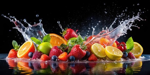 Water Splash on Black Background with Fresh Fruits , water splash, colorful,  water splash, colorful