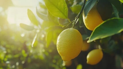 A stunning image of fresh, ripe lemons grow on tree branch in sunny garden. Yellow citrus fruit with green leaves, close-up shot. Healthy, organic food for vitamin drinks.