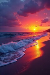 Naklejka premium Vibrant orange and purple sunset over calm ocean waves, sandy beach , landscape, sky