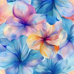 Fototapeta premium softly glowing large pastel flowers with delicate veins in blue, purple, pink, and yellow hues, creating a calm and dreamy atmosphere