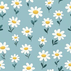 Pattern of white daisies with yellow centers and green leaves scattered on a light blue background, evoking a fresh and cheerful springtime mood