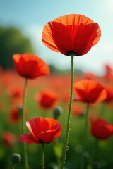 Naklejka premium Vibrant red poppies in full bloom, close-up view, bloom, background, intense red