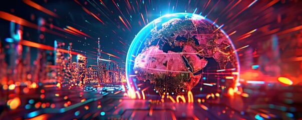 futuristic glowing digital globe with illuminated cityscape background and dynamic streaks of light conveying technology and global connectivity