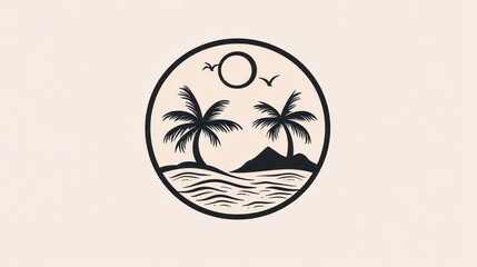 Round graphic of tropical beach scene