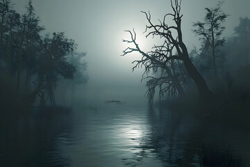 Mysterious, moonlit swamp landscape at dusk.