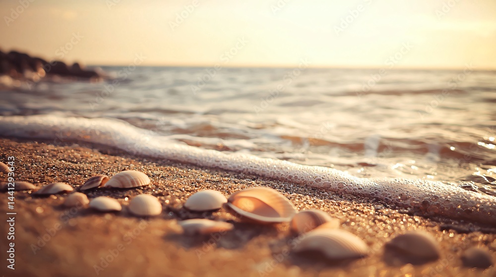 Poster collection of various shells displayed on the sandy beach with soft ocean waves gently washing ashor